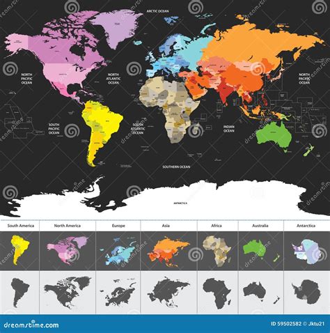 Political World Map of the World Colored by Continents Stock Vector - Illustration of atlas ...