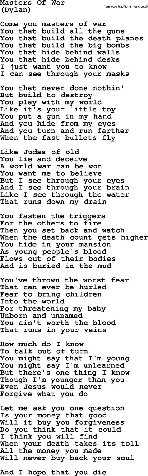 Masters Of War, by The Byrds - lyrics with pdf