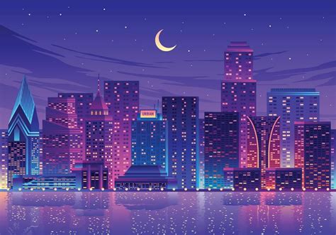 Download Night City Water Reflection Landscape Illustration for free | Night city, Water ...