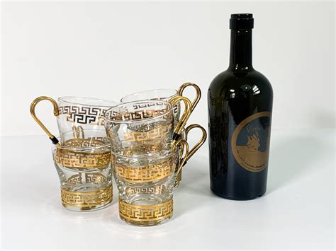 Vintage Set 6 Greek Key Coffee Cups w/ Metal Handles - Six Glass Retro Mugs by Libbey w/ Gold Trim