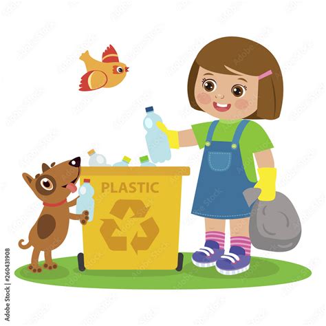 Cartoon Girl And Dog Gathering Garbage And Plastic Waste For Recycling ...