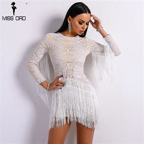 Missord 2018 Sexy O Neck Long Sleeve Tassel Glitter Elegant White Dress FT8580-in Dresses from ...