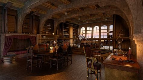 Old Wooden Pirate Ship Captain`s Cabin Interior. 3D Rendering Stock ...