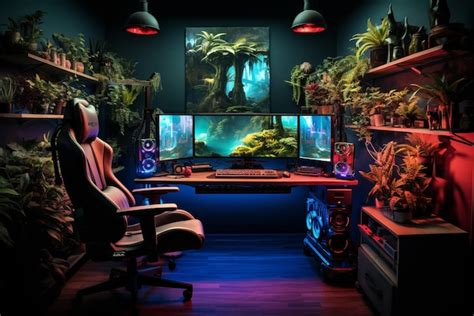 Premium Photo | Gaming computer setup rgb lighting man sitting on the ...