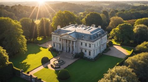 Aerial View of Mansion House with Dramatic Sun Lighting and a Ai ...