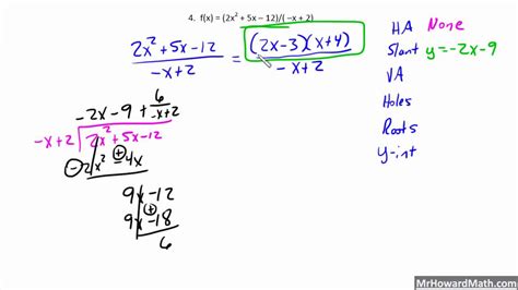 Graphing Rational Functions with Slant Asymptotes Example 2 - YouTube