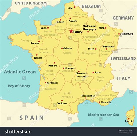 France Administrative Map Main City Name: vector de stock (libre de regalías) 293106599 ...