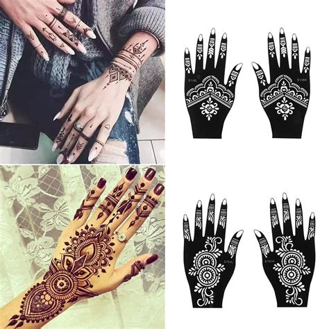 Random 1 Pair Black Color Hands Henna Stencils 10 Pattern For choose ...