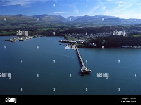 Aerial view of Bangor Pier with Snowdonia in background Gwynedd North ...