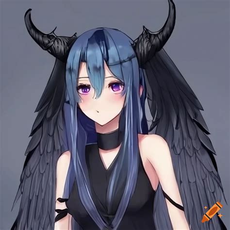 Anime girl with long dark blue hair and purple eyes and 2 black horns ...