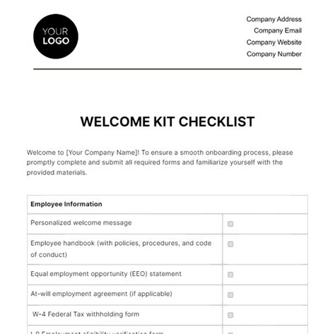 Welcome Kit Checklist HR Template - Edit Online & Download Example | Template.net