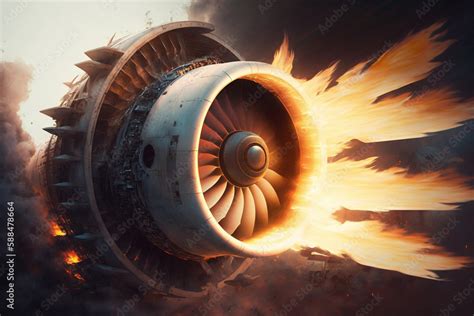 Fire explosion of a plane engine. Burning flames engulfing a destroyed ...