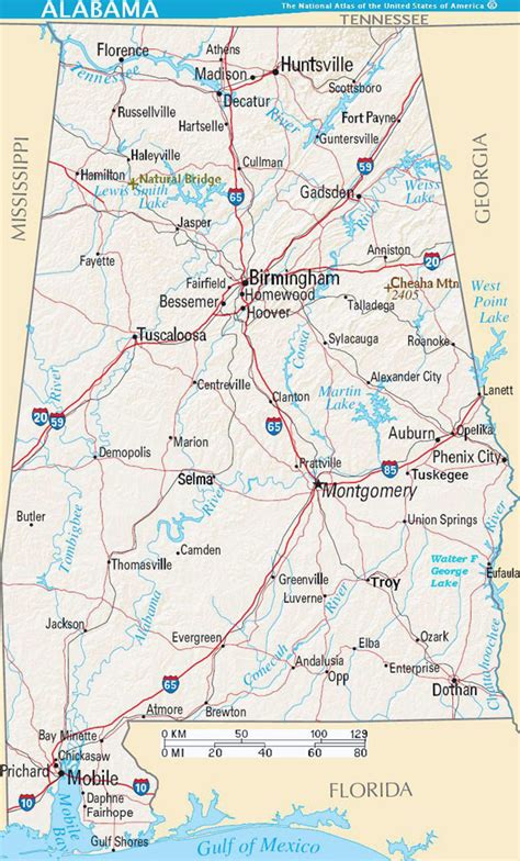 Detailed road map of Alabama state with relief and cities | Vidiani.com | Maps of all countries ...