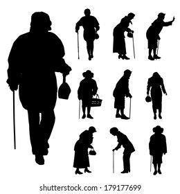 silhouettes of old people walking with canes