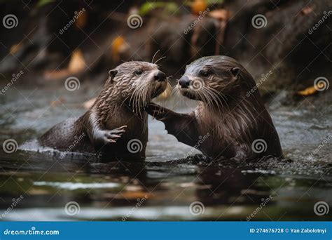 A Pair of River Otters Holding Hands while Swimming in a Stream. Generative AI Stock ...