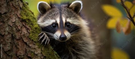 A Carnivore from the Procyonidae family, the raccoon with whiskers and ...