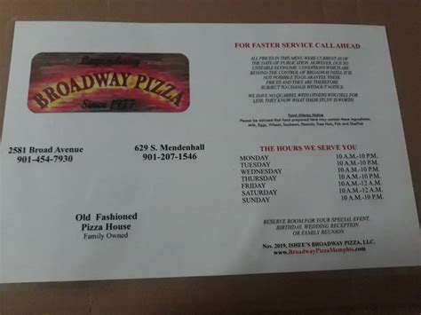 Menu at Broadway Pizza pizzeria, Memphis, Broad Ave