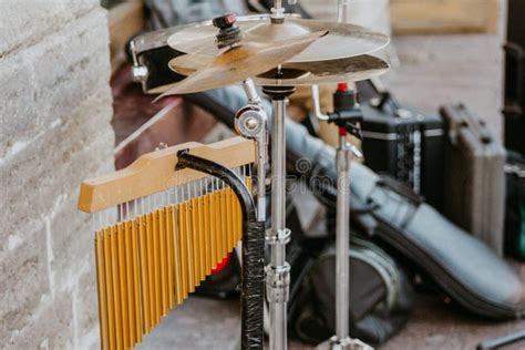 Drum Set with Bar Chimes and Cymbals Percussionist Instruments Stock ...