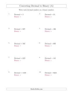 Converting Decimal Numbers to Binary Numbers (A) Number Sense Worksheet