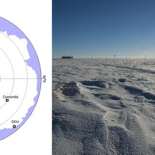 Left: map of Antarctica showing the location of Concordia, Dumont ...