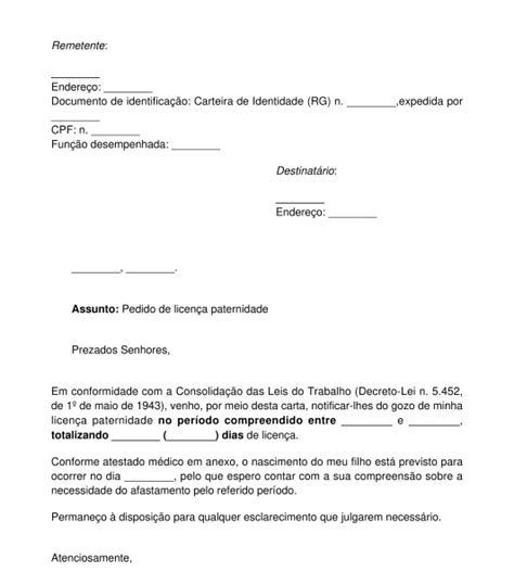 Carta de Pedido de Licença Paternidade - Modelo