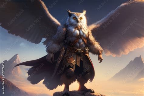 Fantasy Humanoid Owl with Wings Spread Wearing Armor Standing on Rocky ...