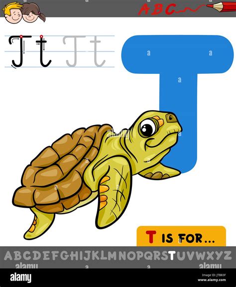 Educational Cartoon Illustration of Letter T from Alphabet with Turtle Animal Character for ...