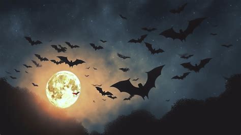 Premium AI Image | A group of bats flying towards a full moon