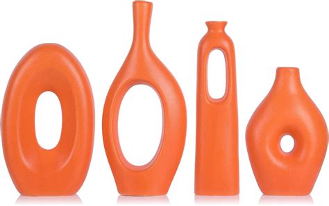 Amazon.com: Orange Ceramic Vase Set of 4 - Modern Round Hollow Boho Vases for Pampas Grass Decor ...