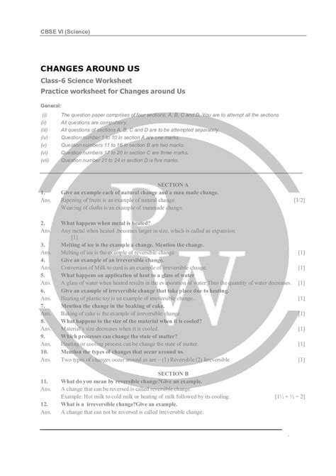 Class 6 science Worksheets Chapter 6 Changes around Us | PW