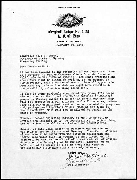 Letter from Greybull Lodge, B.P.O Elks to Wyoming Governor Nels Smith ...