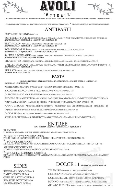 Avoli Osteria menus in Omaha, Nebraska, United States