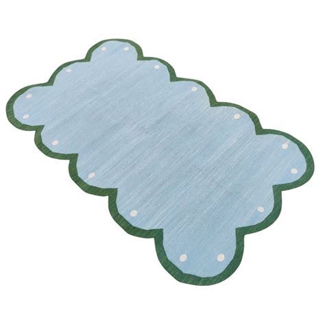 Handmade Cotton Scalloped Rug Reversible Sky Blue and Forest Green Dhurrie-3'x5' | Chairish