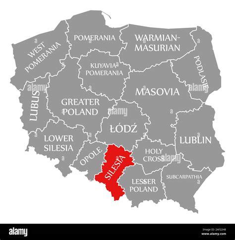 Silesia resaltada en rojo en el mapa de Polonia Fotografía de stock - Alamy