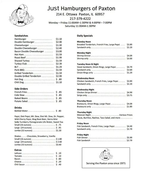 Menu at Just Hamburgers restaurant, Paxton