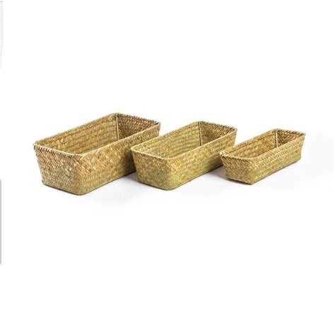 3 PCS Crafts Summer Pastoral Style Bulrush Vine Weaving Box Basket, Size: S 24x10x6cm (Yellow ...