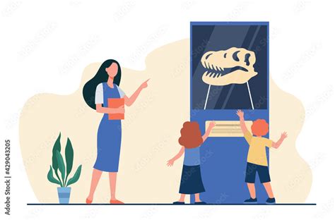 Cartoon teacher conducting excursion for children in museum. Flat vector illustration. Kids with ...