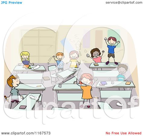 Cartoon of Diverse School Children in a Messy Classroom - Royalty Free ...