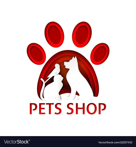 Pets shop logo design template. Vector paper art illustration of red paw print and dog, cat and ...