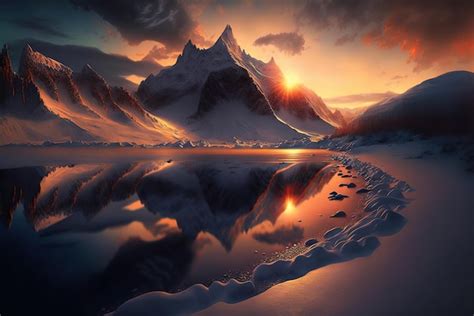 Premium AI Image | Beautiful sunset over mountain peak sun reflected in the lake Spectacular ...