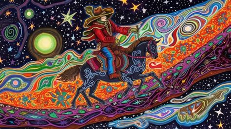 Premium Photo | A colorful painting of a cowboy riding a horse.