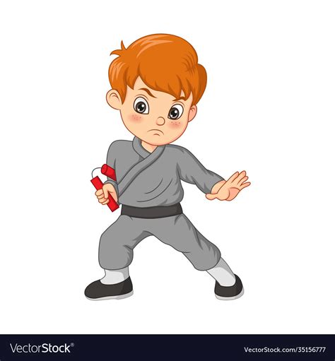 Cartoon karate kid holding nunchaku Royalty Free Vector