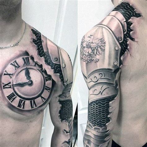 Mens Armor With Roman Numeral Clock Sleeve 3d Tattoo Ideas With Great ...