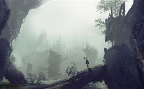 2B (Nier: Automata), Nier: Automata, ruins, nature, city, mist, trees, digital art | 1920x1194 ...