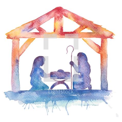 Water color Nativity illustration with Mary, Joseph, baby Jesus, manger. | Watercolor christmas ...