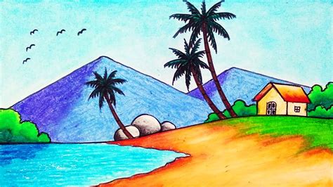 How to Draw Easy Tropical Island Scenery Drawing