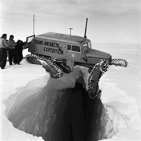 The Commonwealth Trans-Antarctic expedition in a precarious situation, 1950s. | Trucks, Snow ...