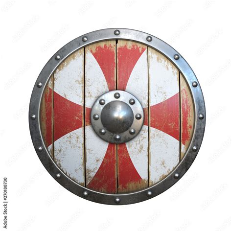 Wooden medieval round shield, viking shield painted, isolated on white ...