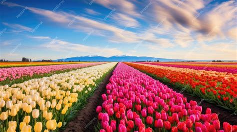 Premium Photo | Tulip fields in a field with mountains in the background