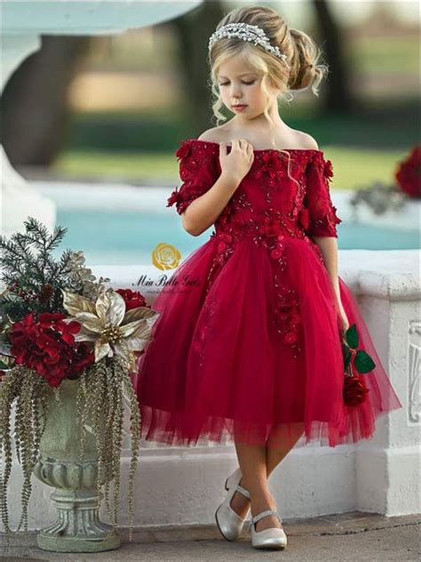 Girls Red Off Shoulder Floral Applique Holiday Special Occasion Dress | Red flower girl dresses ...